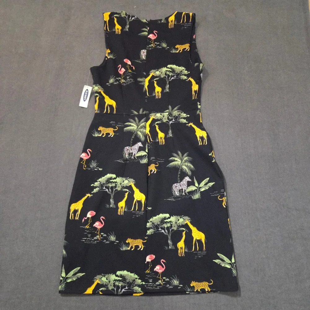 Old Navy Safari Animal Print Sheath Dress Womens S Black Giraffe Zebra Flamingo - Picture 2 of 11